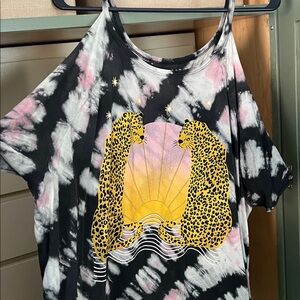 Tie-Dye Leopard Graphic T-Shirt Cold Shoulder